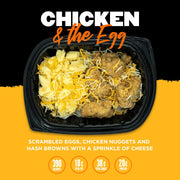 A breakfast dish featuring scrambled eggs, chicken nuggets, and hash browns, topped with shredded cheese. Includes nutritional information: 390 calories, 18g total fat, 38g total carbs, and 20g protein.