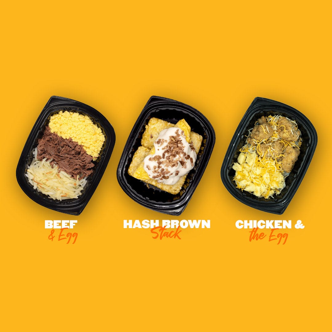 Three breakfast meals displayed against a yellow background: Beef & Egg with shredded beef, scrambled eggs, and hash browns; Hash Brown Stack topped with sour cream and bacon bits; and Chicken & the Egg with scrambled eggs, chicken nuggets, and hash browns topped with shredded cheese.