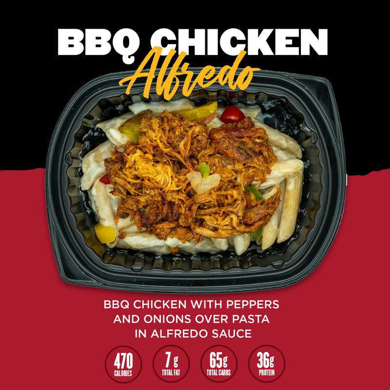 BBQ Chicken Alfredo from Clean Eatz Kitchen featuring shredded BBQ chicken with peppers and onions over pasta in creamy Alfredo sauce. A hearty, protein-rich, healthy meal delivery favorite.