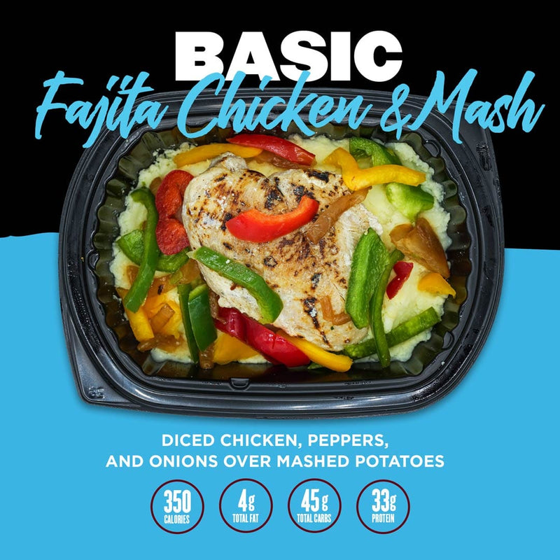 Basic Fajita Chicken & Mash from Clean Eatz Kitchen featuring diced chicken, bell peppers, onions, and creamy mashed potatoes. A flavorful, calorie-conscious meal for convenient meal delivery.