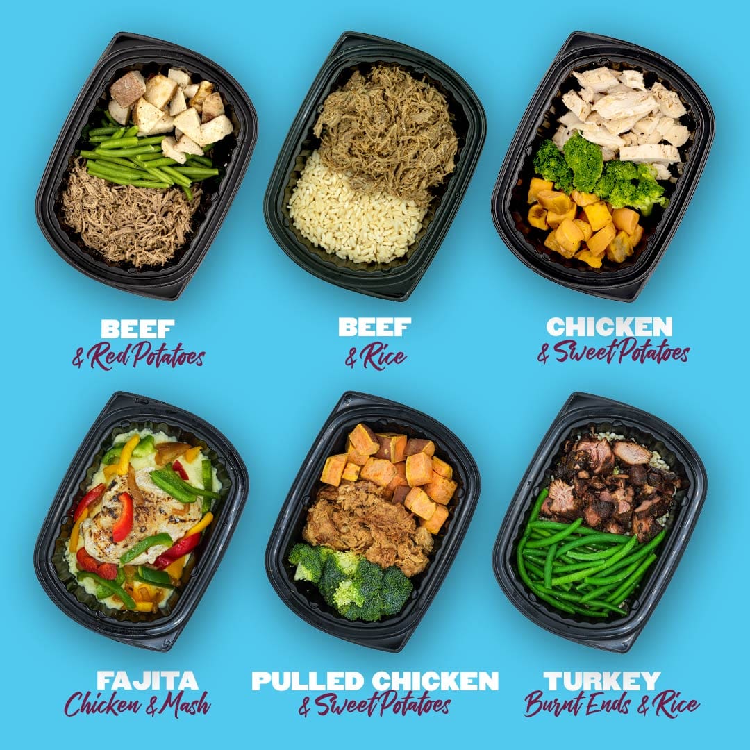 Clean Eatz Kitchen Basic meal options featuring Beef & Red Potatoes, Beef & Rice, Chicken & Sweet Potatoes, Fajita Chicken & Mash, Pulled Chicken & Sweet Potatoes, and Turkey Burnt Ends & Rice. High-protein, calorie-controlled meals perfect for healthy eating and convenient delivery.