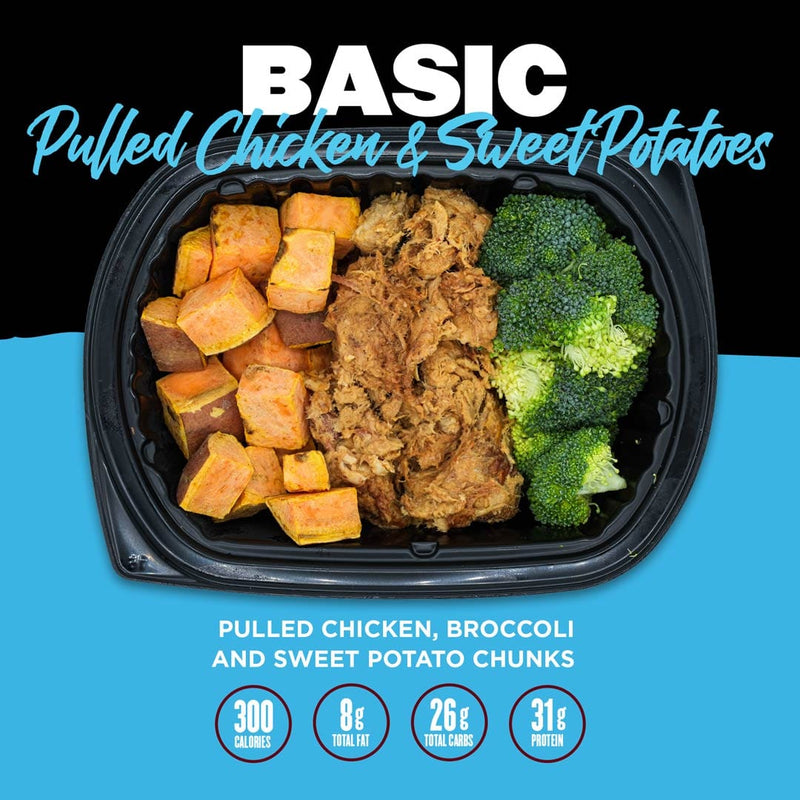 Basic Pulled Chicken & Sweet Potatoes from Clean Eatz Kitchen featuring tender pulled chicken, steamed broccoli, and sweet potato chunks. A balanced, high-protein meal for healthy eating.