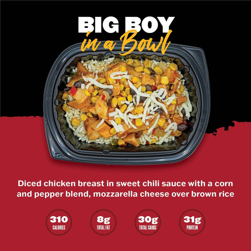 Big Boy in a Bowl featuring diced chicken, sweet chili sauce, corn, peppers, and mozzarella cheese over brown rice. Clean Eatz Kitchen meal delivery.
