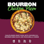 Bourbon Chicken Pizza from Clean Eatz Kitchen featuring a cauliflower crust, chicken in bourbon BBQ sauce, and mozzarella cheese. A flavorful, calorie-conscious pizza for healthy eating.