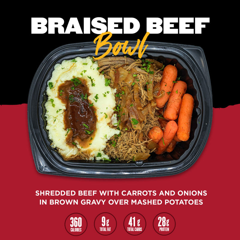 Braised Beef Bowl from Clean Eatz Kitchen featuring shredded beef with carrots and onions in brown gravy over mashed potatoes. A hearty, protein-rich meal perfect for healthy, hassle-free eating.