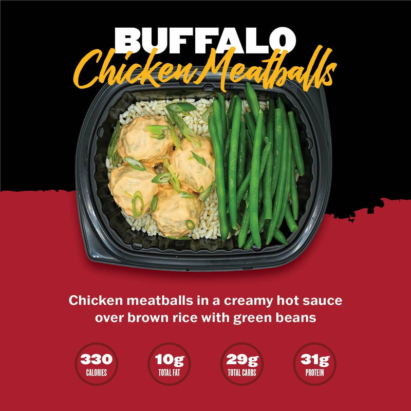 Buffalo Chicken Meatballs with creamy hot sauce, green beans, and brown rice from Clean Eatz Kitchen. Spicy and healthy meal delivery option.
