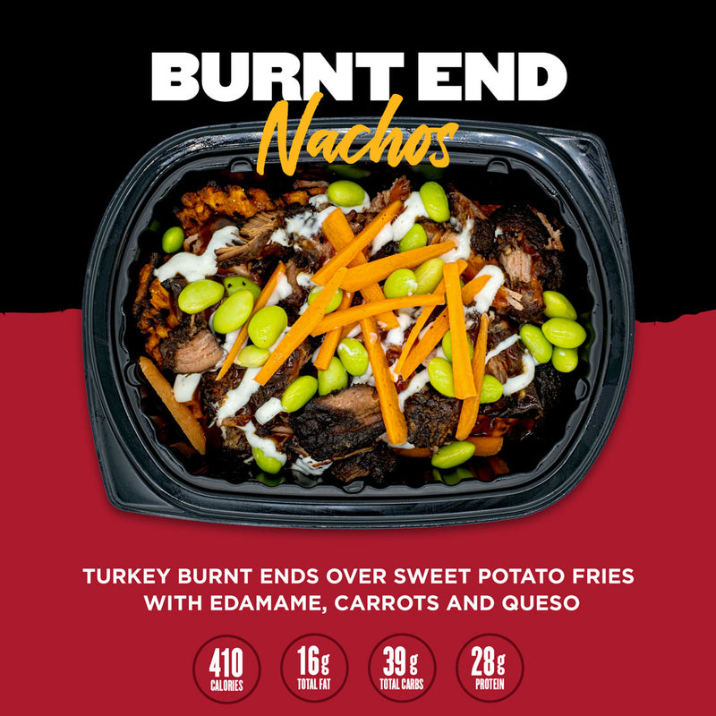 A dish featuring turkey burnt ends over sweet potato fries, topped with edamame, carrots, and queso. Includes nutritional information: 410 calories, 16g total fat, 39g total carbs, and 28g protein.