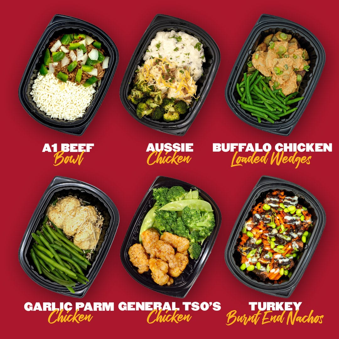 Six meals arranged against a red background: A1 Beef Bowl, Aussie Chicken, Buffalo Chicken Loaded Wedges, Garlic Parmesan Chicken, General Tso's Chicken, and Turkey Burnt End Nachos