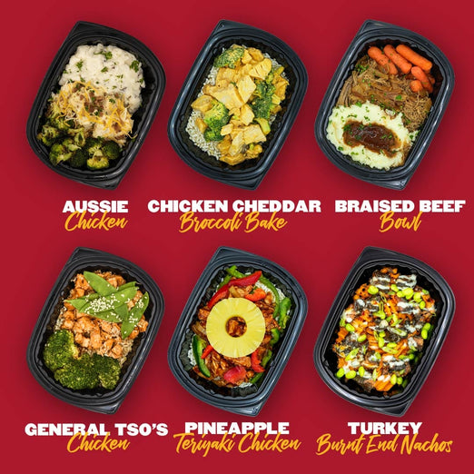 Clean Eatz Kitchen Chef’s Best Bowls including Aussie Chicken, Chicken Cheddar Broccoli Bake, Braised Beef Bowl, General Tso’s Chicken, Pineapple Teriyaki Chicken, and Turkey Burnt End Nachos. A variety of delicious, balanced meals for meal delivery.