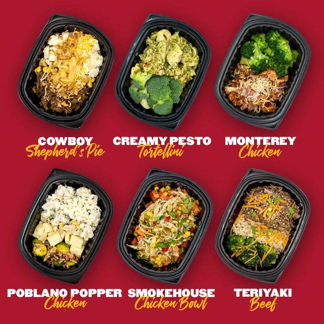 Six meals arranged against a red background: Cowboy Shepherd's Pie, Creamy Pesto Tortellini, Monterey Chicken, Poblano Popper Chicken, Smokehouse Chicken Bowl, and Teriyaki Beef.