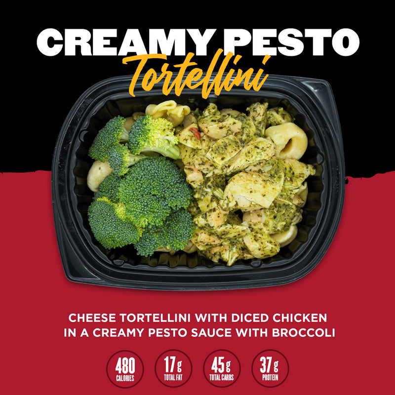 A dish with cheese tortellini and diced chicken in a creamy pesto sauce, accompanied by steamed broccoli. Includes nutritional information: 480 calories, 17g total fat, 45g total carbs, and 37g protein.