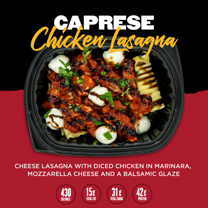 Caprese Chicken Lasagna from Clean Eatz Kitchen featuring cheese lasagna with diced chicken in marinara, fresh mozzarella, and a balsamic glaze. A high-protein, calorie-controlled Italian-inspired meal delivery option.