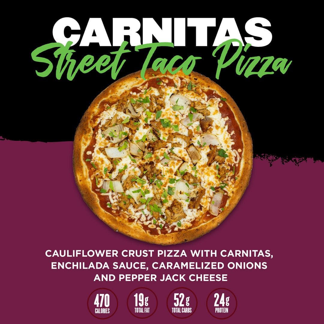 Cauliflower crust pizza topped with carnitas, enchilada sauce, caramelized onions, and pepper jack cheese. Includes nutritional information: 470 calories, 19g total fat, 52g total carbs, and 24g protein.