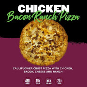 Chicken Bacon Ranch Pizza from Clean Eatz Kitchen with a cauliflower crust, chicken, bacon, cheese, and ranch dressing. A protein-rich, satisfying meal delivery option.