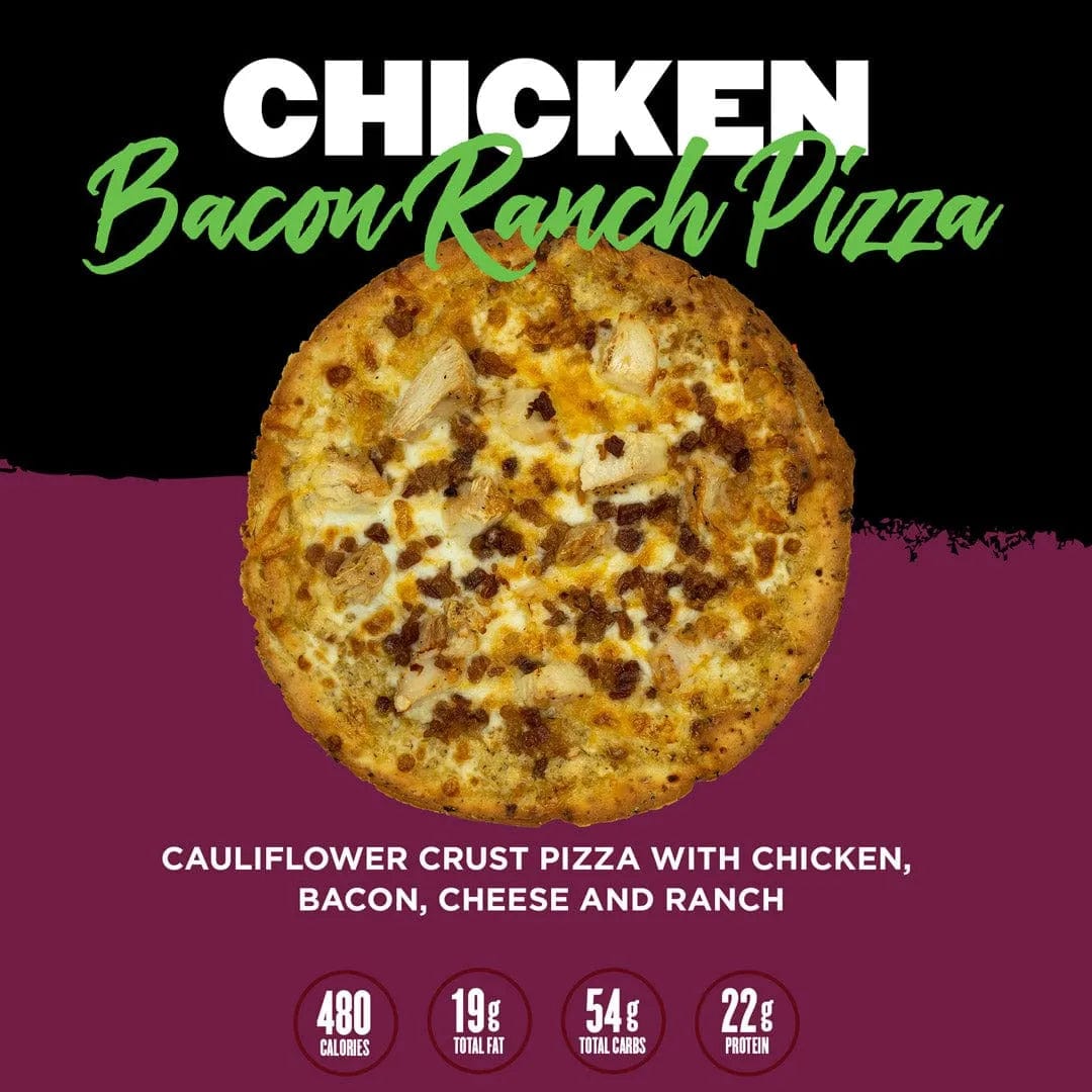 Chicken Bacon Ranch Pizza from Clean Eatz Kitchen with a cauliflower crust, chicken, bacon, cheese, and ranch dressing. A protein-rich, satisfying meal delivery option.