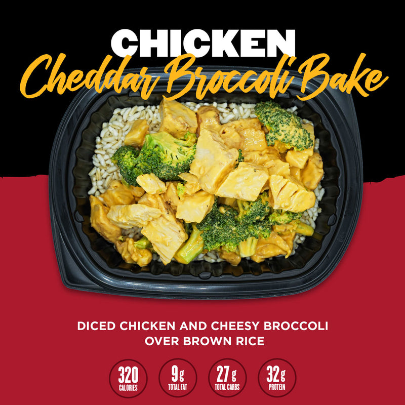 Chicken Cheddar Broccoli Bake from Clean Eatz Kitchen with diced chicken, cheesy broccoli, and brown rice. A wholesome, high-protein meal designed for balanced nutrition and convenient meal prep.