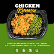 Chicken Romesco:
"Flavorful chicken dish with asparagus and quinoa blend, topped with creamy roasted red pepper Romesco sauce. High-protein meal prep option with 310 calories, 10g fat, 24g carbs, and 31g protein. Perfect for clean eating and weight loss.