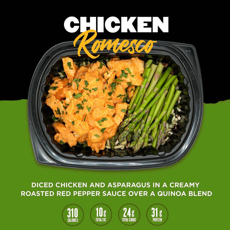 Chicken Romesco from Clean Eatz Kitchen with diced chicken, asparagus, roasted red pepper sauce, and a quinoa blend. A protein-packed, nutritious meal delivery option for healthy eating.