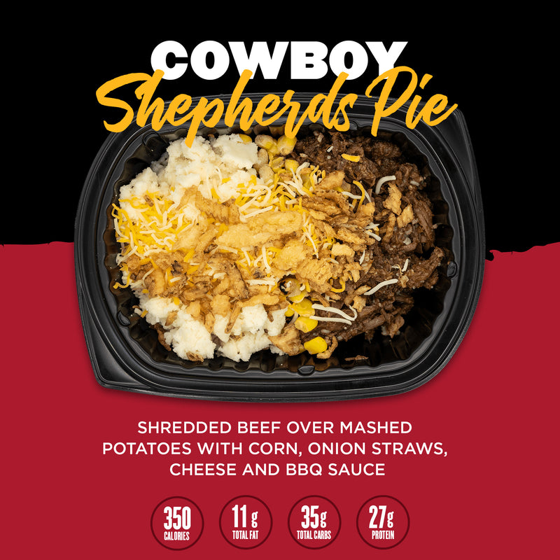 A meal consisting of shredded beef over mashed potatoes, topped with corn, onion straws, cheese, and BBQ sauce. Includes nutritional information: 350 calories, 11g total fat, 35g total carbs, and 27g protein.