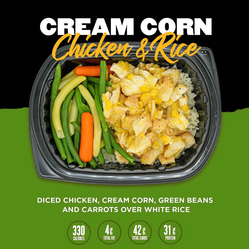 Cream Corn Chicken & Rice from Clean Eatz Kitchen featuring diced chicken, cream corn, green beans, and carrots over white rice. A wholesome, calorie-conscious meal for convenient delivery.