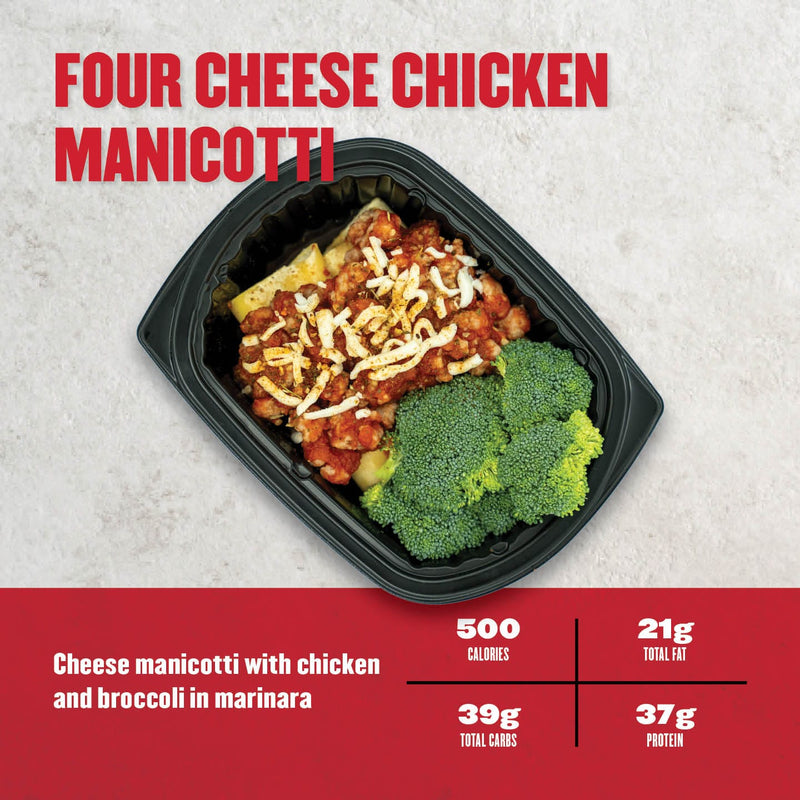 Clean Eatz Kitchen Four Cheese Chicken Manicotti with chicken, cheese manicotti, broccoli, and marinara sauce. A high-protein, Italian-inspired meal.