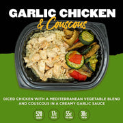 Garlic Chicken & Couscous:
"High-protein garlic chicken in creamy garlic sauce served with couscous and a Mediterranean vegetable mix. Meal prep option with 520 calories, 17g fat, 55g carbs, and 38g protein. Great for clean eating and weight management.