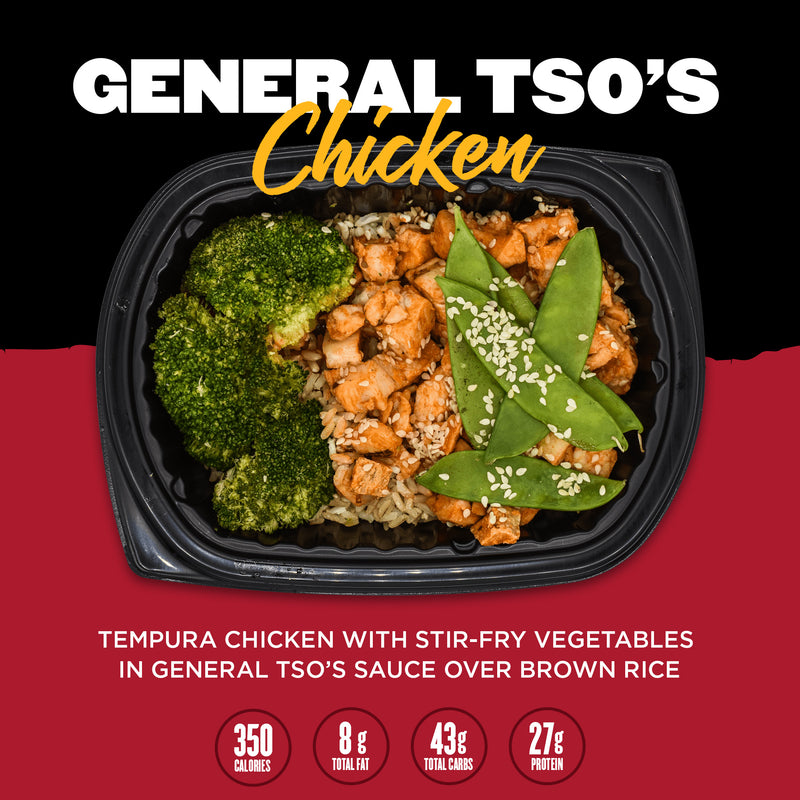 A meal with tempura chicken and stir-fried vegetables in General Tso's sauce, served over brown rice. Includes nutritional information: 350 calories, 8g total fat, 43g total carbs, and 27g protein