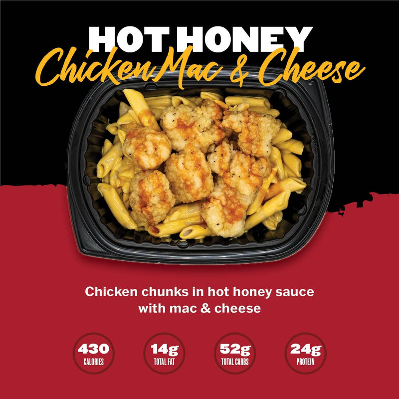 Clean Eatz Kitchen Hot Honey Chicken Mac and Cheese with crispy chicken and creamy pasta. Indulgent yet balanced meal delivery.
