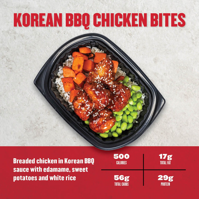 Clean Eatz Kitchen Korean BBQ Chicken Bites with breaded chicken in Korean BBQ sauce, edamame, sweet potatoes, and white rice. A high-protein, Asian-inspired meal.