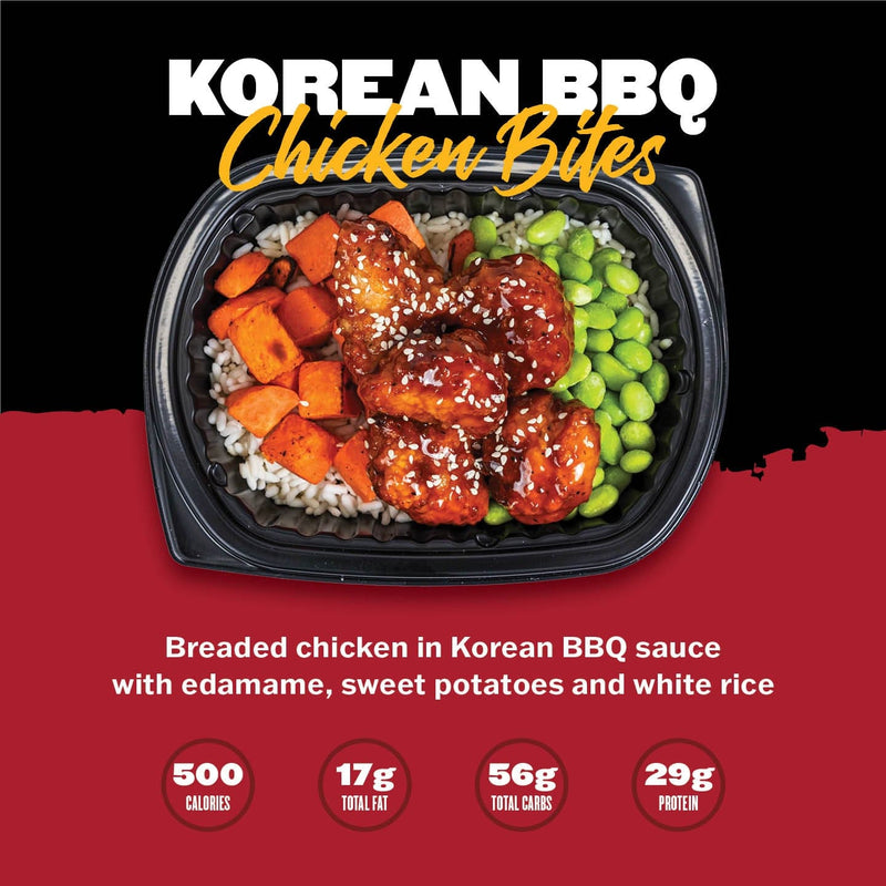 Clean Eatz Kitchen Korean BBQ Chicken Bites with sweet potatoes, edamame, and white rice. Gluten-free, high-protein meal delivery.
