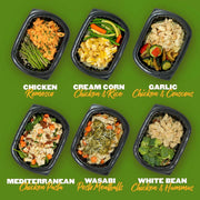 Clean Eatz Kitchen Mediterranean-inspired meals including Chicken Romesco, Cream Corn Chicken & Rice, Garlic Chicken & Couscous, Mediterranean Chicken Pasta, Wasabi Pesto Meatballs, and White Bean Chicken & Hummus. High-protein, nutrient-packed meal options delivered fresh.