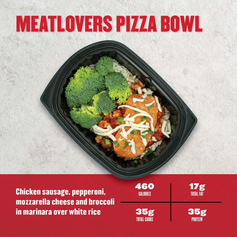 Clean Eatz Kitchen Meatlovers Pizza Bowl with chicken sausage, pepperoni, mozzarella cheese, and broccoli in marinara over white rice. A high-protein, pizza-inspired dish.