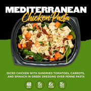 Mediterranean Chicken Pasta:
"Healthy Mediterranean meal with diced chicken, sundried tomatoes, spinach, and carrots tossed in a Greek dressing over penne pasta. High-protein and balanced nutrition meal prep with 460 calories, 15g fat, 45g carbs, and 35g protein.