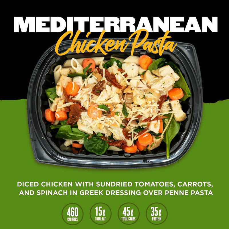 Mediterranean Chicken Pasta from Clean Eatz Kitchen featuring diced chicken, sun-dried tomatoes, carrots, spinach, and Greek dressing over penne pasta. A balanced, high-protein Mediterranean-inspired meal delivery option.