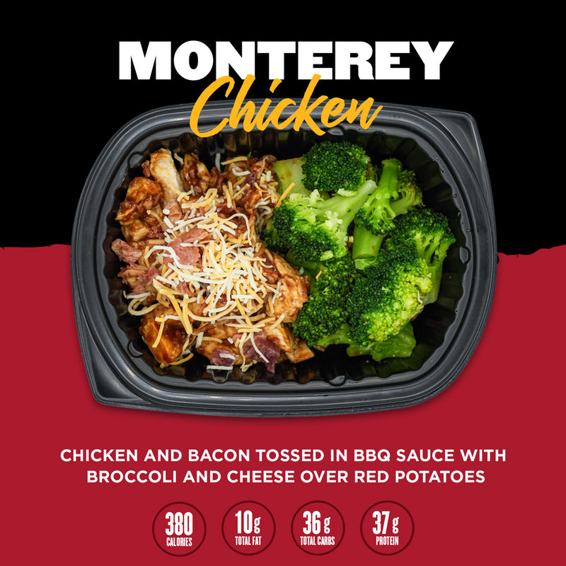 A meal featuring chicken and bacon tossed in BBQ sauce, served with steamed broccoli and cheese over a bed of red potatoes. Includes nutritional information: 380 calories, 10g total fat, 36g total carbs, and 37g protein.