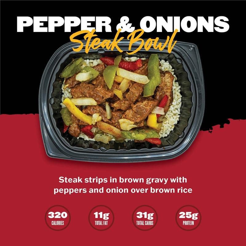 Clean Eatz Kitchen Pepper and Onions Steak Bowl with tender steak, colorful peppers, and hearty brown rice. High-protein meal delivery.
