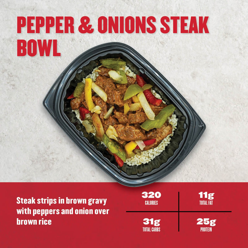 Clean Eatz Kitchen Pepper & Onions Steak Bowl with steak strips in brown gravy, sautéed peppers, onions, and brown rice. A hearty, protein-rich meal option.