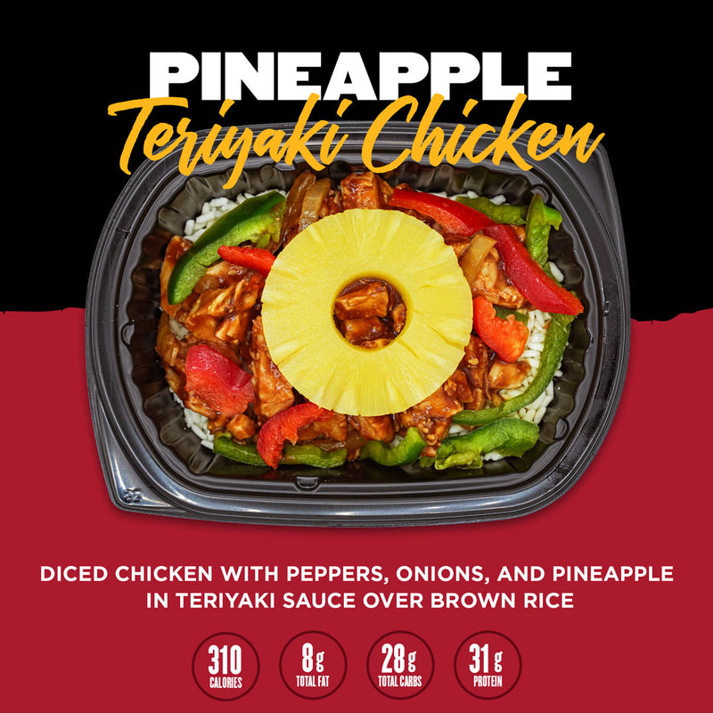 Pineapple Teriyaki Chicken meal from Clean Eatz Kitchen featuring diced chicken with peppers, onions, pineapple, and teriyaki sauce over brown rice. A flavorful, healthy meal delivery option rich in protein and low in calories.