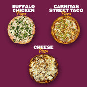 An image of three pizza options from Clean Eatz Kitchen displayed on a maroon background: Buffalo Chicken Pizza topped with diced chicken, buffalo sauce, and mozzarella cheese; Carnitas Street Taco Pizza with carnitas, enchilada sauce, caramelized onions, and pepper jack cheese; and Cheese Pizza made with a cauliflower crust, tomato sauce, and mozzarella cheese. These healthy, portion-controlled pizzas are designed for convenient and nutritious eating