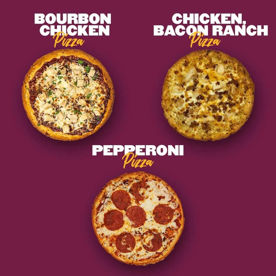 A selection of pizzas from Clean Eatz Kitchen featuring Bourbon Chicken Pizza, Chicken Bacon Ranch Pizza, and Pepperoni Pizza. All made with cauliflower crust and topped with flavorful, high-protein ingredients for healthier meal delivery options.