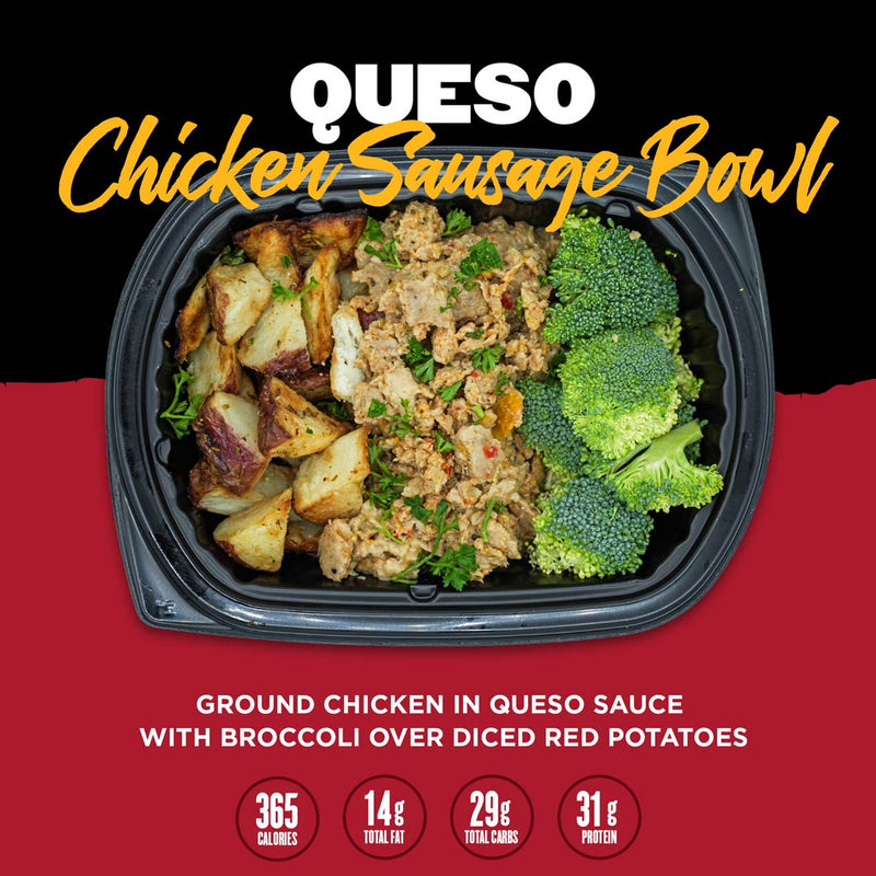 Queso Chicken Sausage Bowl from Clean Eatz Kitchen featuring ground chicken in queso sauce with broccoli and diced red potatoes. A balanced, high-protein meal for healthy eating and meal delivery convenience.