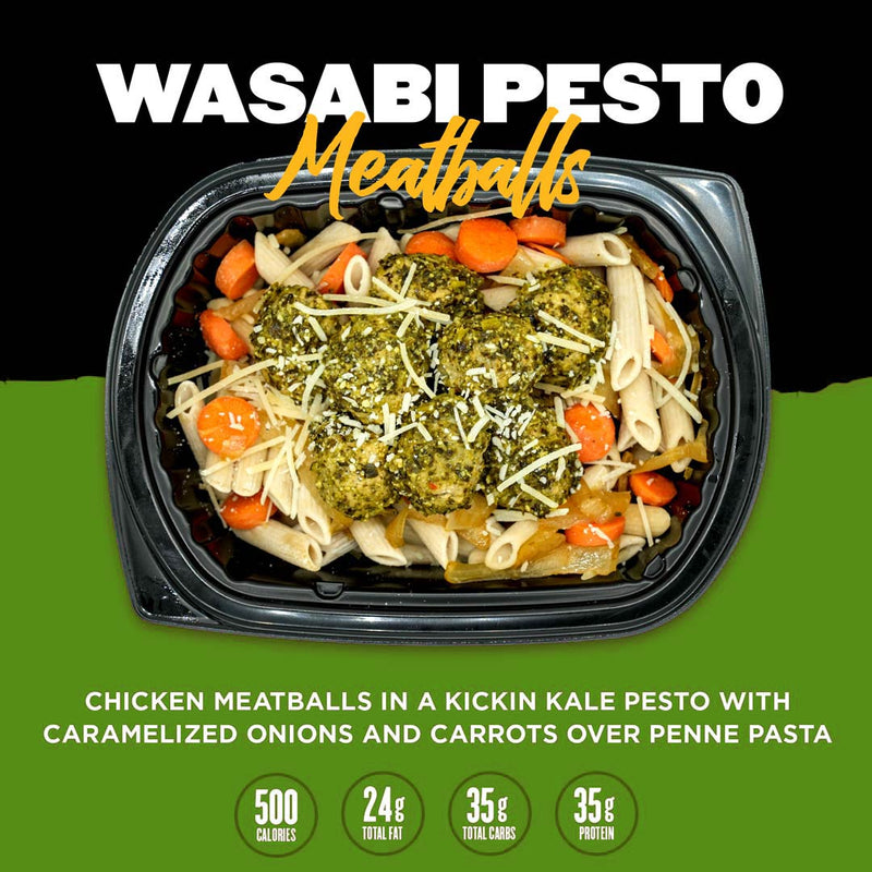 Wasabi Pesto Meatballs from Clean Eatz Kitchen with chicken meatballs, kale pesto, caramelized onions, carrots, and penne pasta. A flavorful, protein-rich meal for healthy and convenient dining.