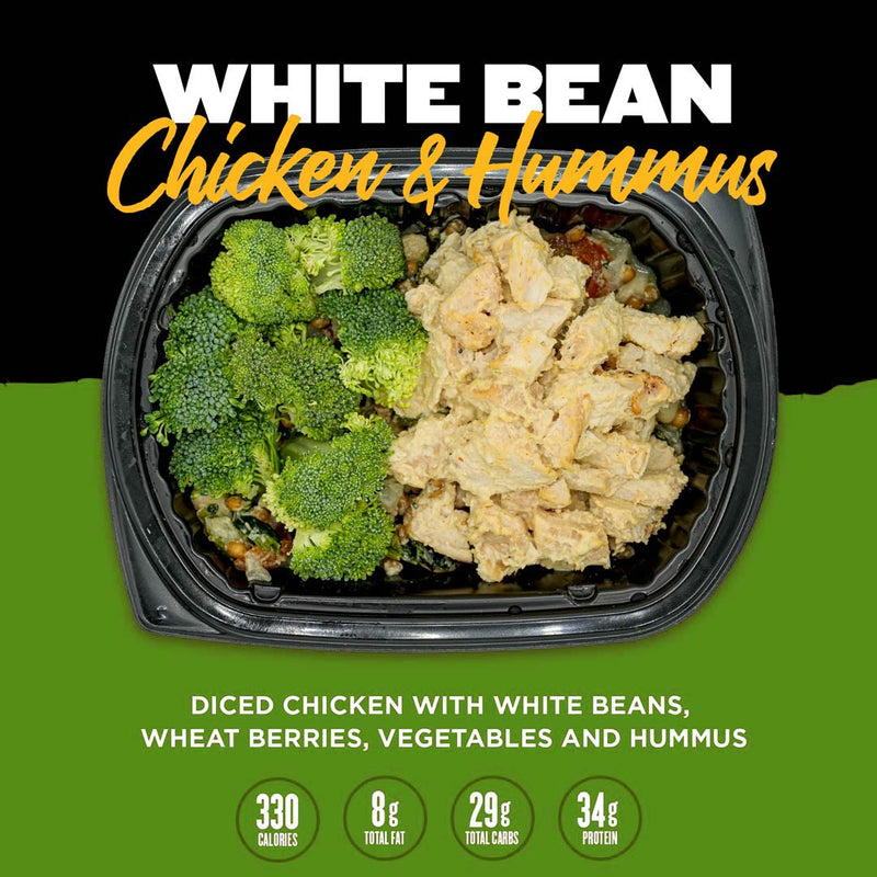 White Bean Chicken & Hummus from Clean Eatz Kitchen featuring diced chicken, white beans, wheat berries, vegetables, and hummus. A high-protein, nutrient-packed meal delivery option for healthy eating.