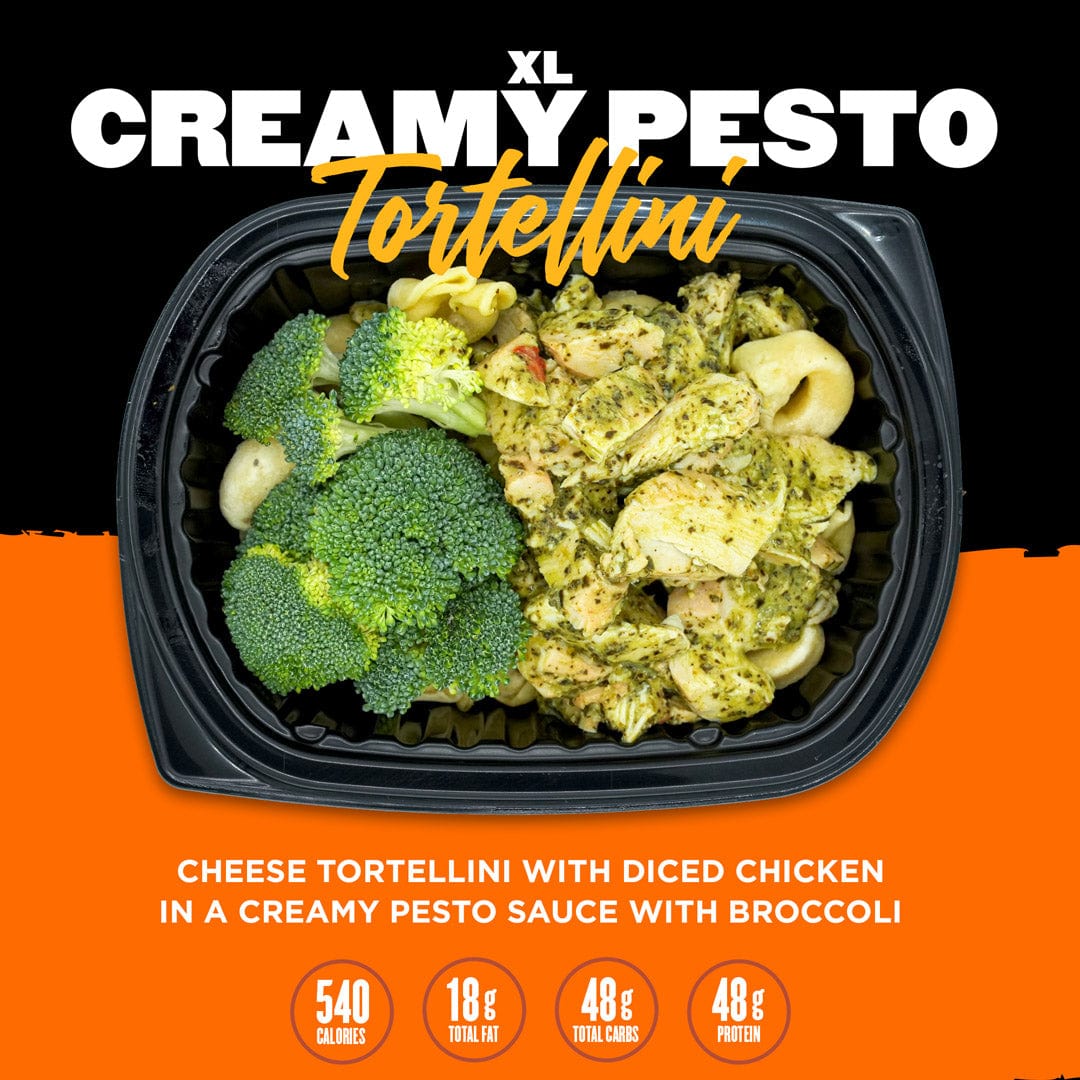 A larger portion of cheese tortellini with diced chicken in a creamy pesto sauce, served with broccoli. Includes nutritional information: 540 calories, 18g total fat, 48g total carbs, and 48g protein