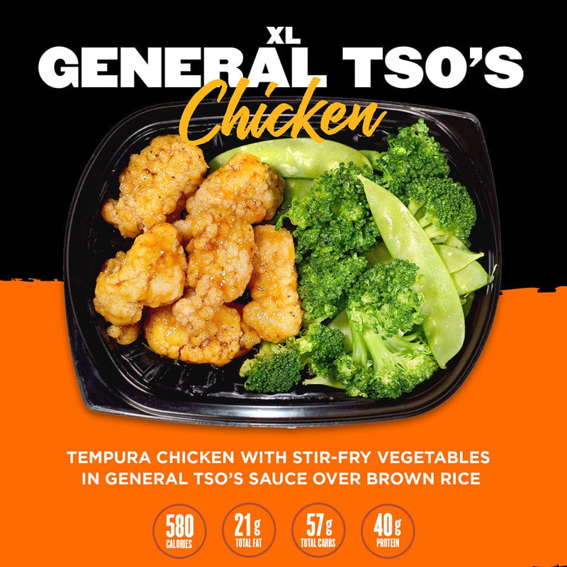 A larger portion of tempura chicken with stir-fry vegetables in General Tso's sauce, served over brown rice. Includes nutritional information: 580 calories, 21g total fat, 57g total carbs, and 40g protein