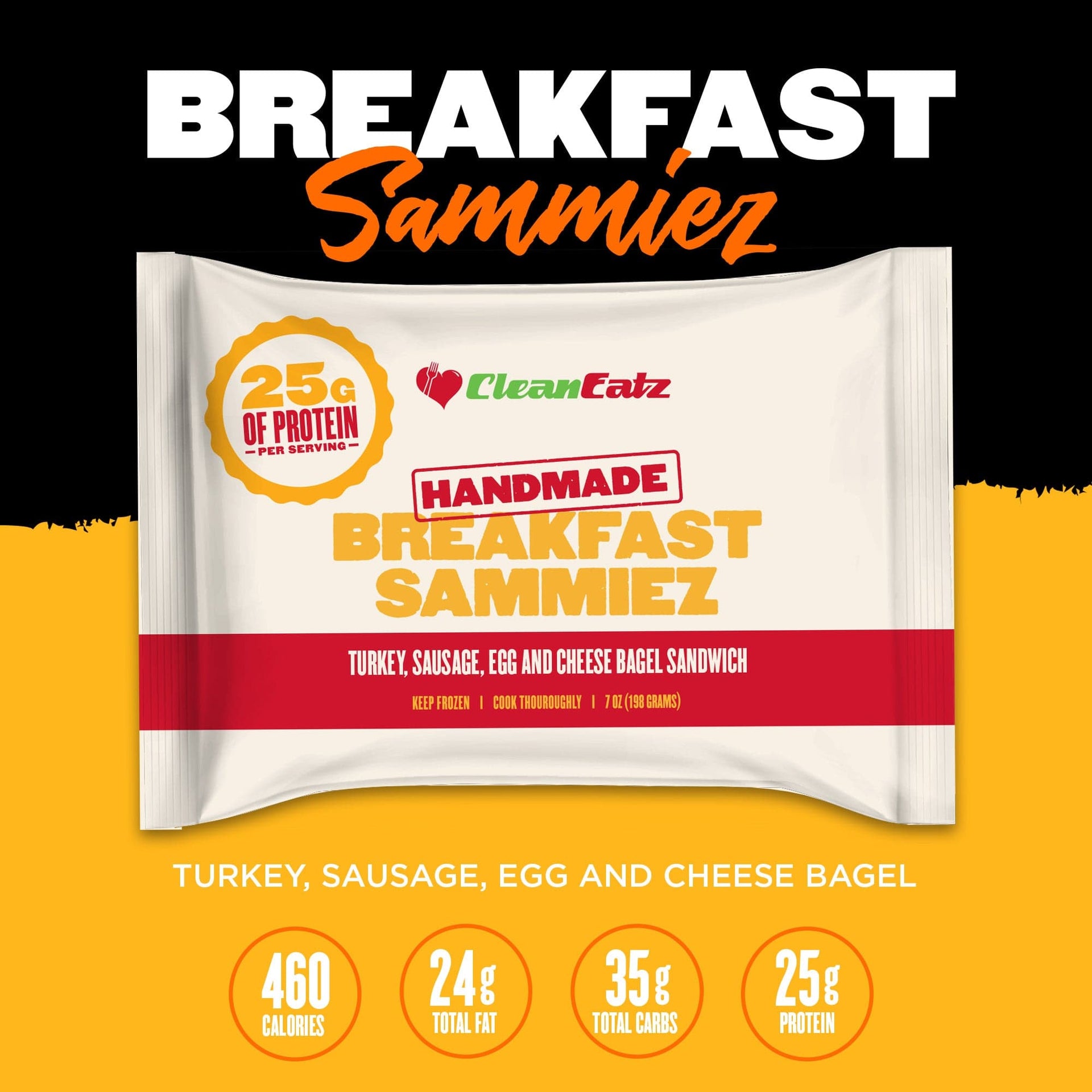 A packaged Clean Eatz Breakfast Sammiez featuring turkey sausage, egg, and cheese on a bagel. The packaging highlights "25g of protein per serving" and key nutritional facts: 460 calories, 24g total fat, 35g total carbs, and 25g protein.