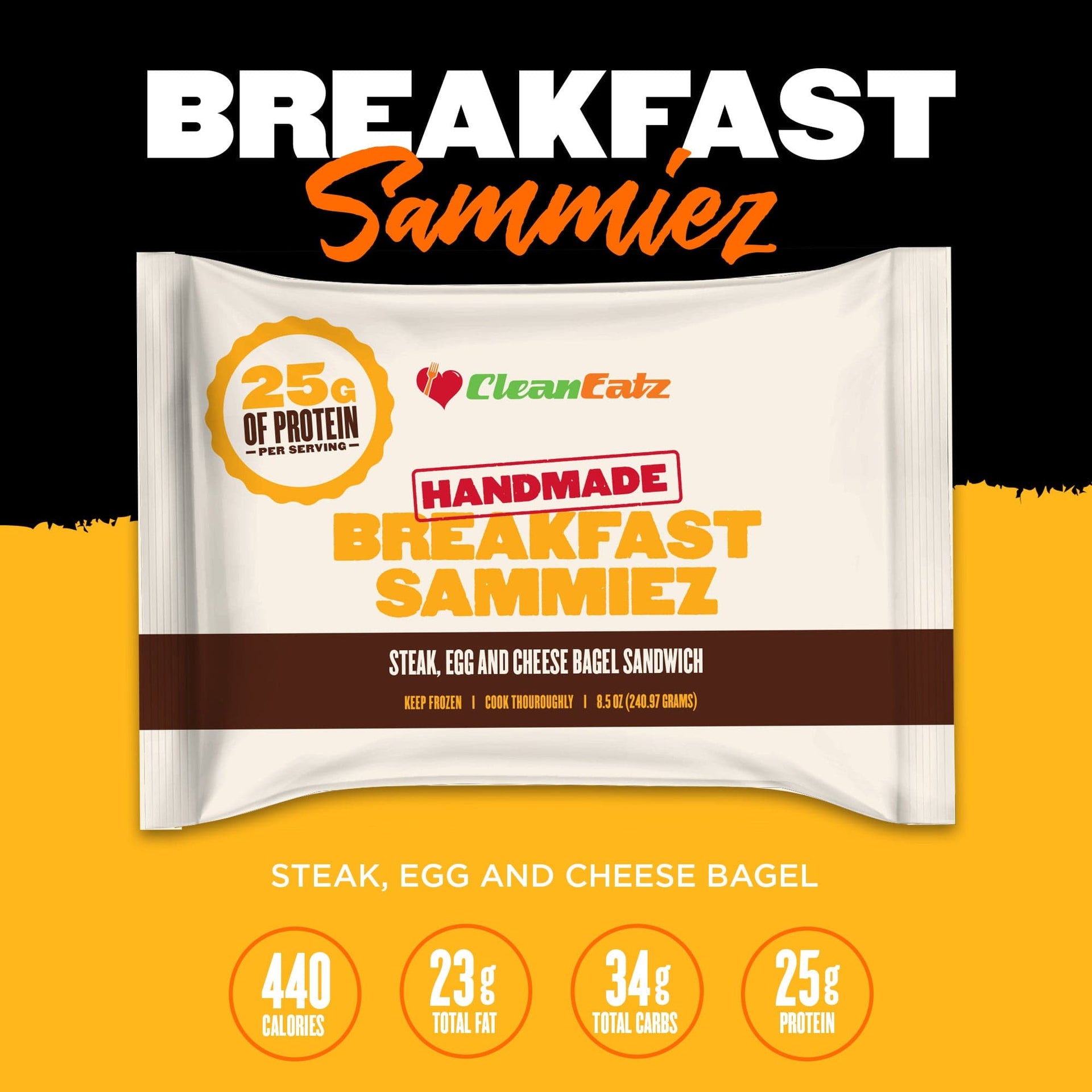 A packaged Clean Eatz Breakfast Sammiez with steak, egg, and cheese on a bagel. The packaging promotes "25g of protein per serving" and nutritional details: 440 calories, 23g total fat, 34g total carbs, and 25g protein.