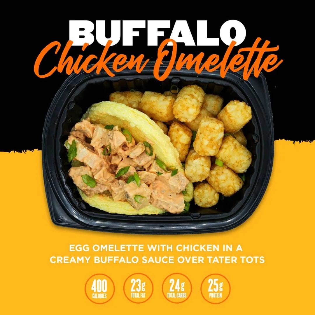 Buffalo Chicken Omelette meal from Clean Eatz Kitchen featuring an egg omelette with chicken in creamy buffalo sauce served with crispy tater tots. A protein-packed, calorie-conscious breakfast option delivered to your door.