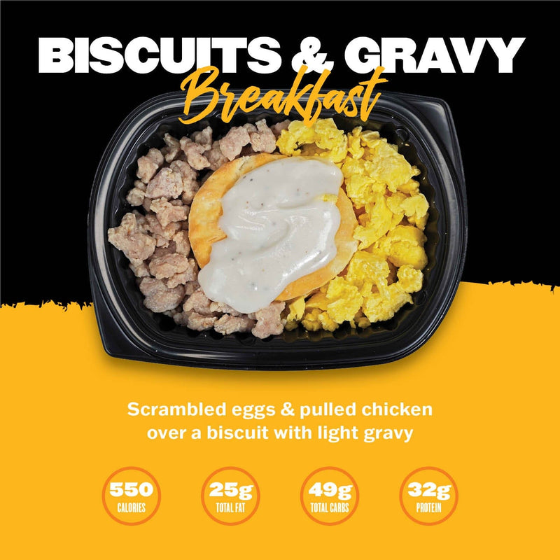 Biscuits & Gravy Breakfast from Clean Eatz Kitchen with scrambled eggs, pulled chicken, and a light gravy biscuit. High-protein breakfast option.
