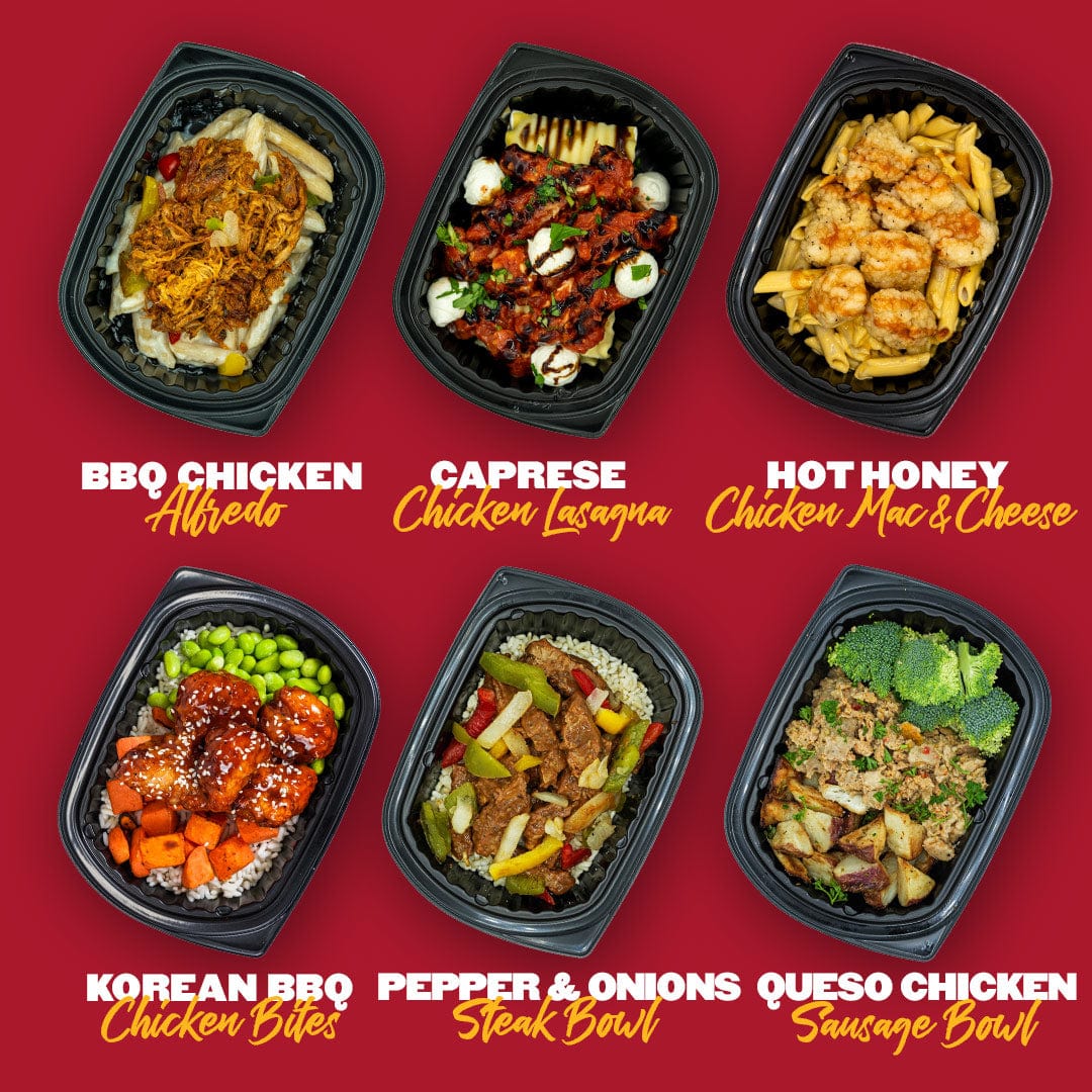 Assortment of Clean Eatz Kitchen meals including BBQ Chicken Alfredo, Caprese Chicken Lasagna, Hot Honey Chicken Mac and Cheese, and more. Healthy meal delivery options.
